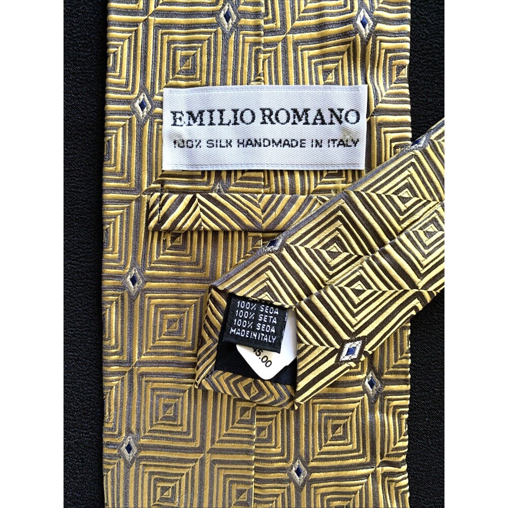 Vintage Emilio Romano Handmade Silk Neck Tie Italy Textured Gold Geometric Optic